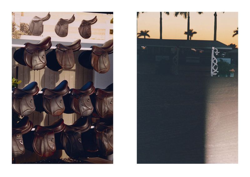 Two-panel photographic spread showing leather saddles neatly racked on the left and an equestrian training arena at dusk on the right.