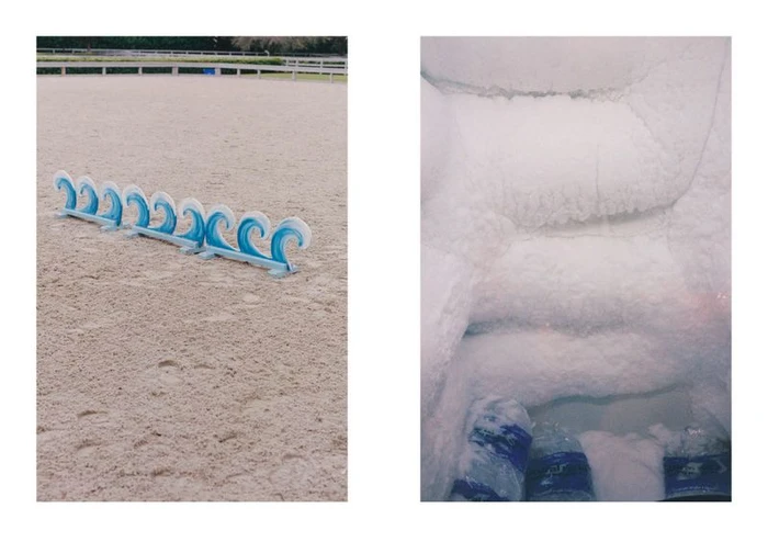 Diptych image showing a sandy arena with small blue wave obstacles on the left and a frosty snowy recess with water bottles on the right.