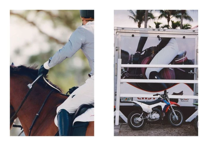 Two-panel split image showing a rider on a brown horse on the left and a dirt bike parked near a trailer on the right.