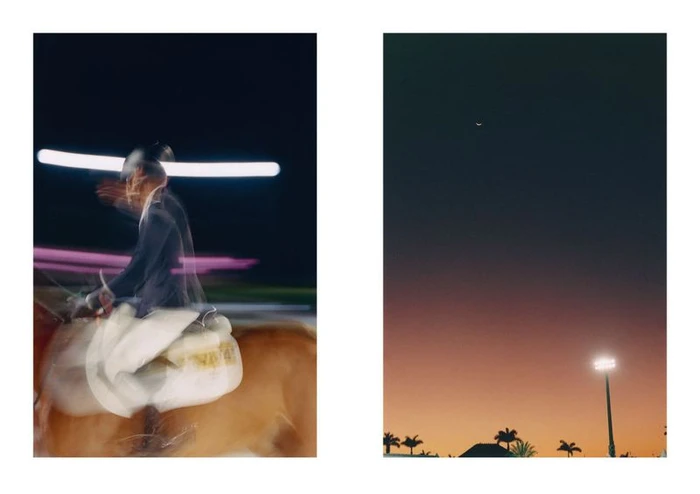 Two panel diptych showing a blurred equestrian rider on horseback at night and a twilight sky with a floodlight.
