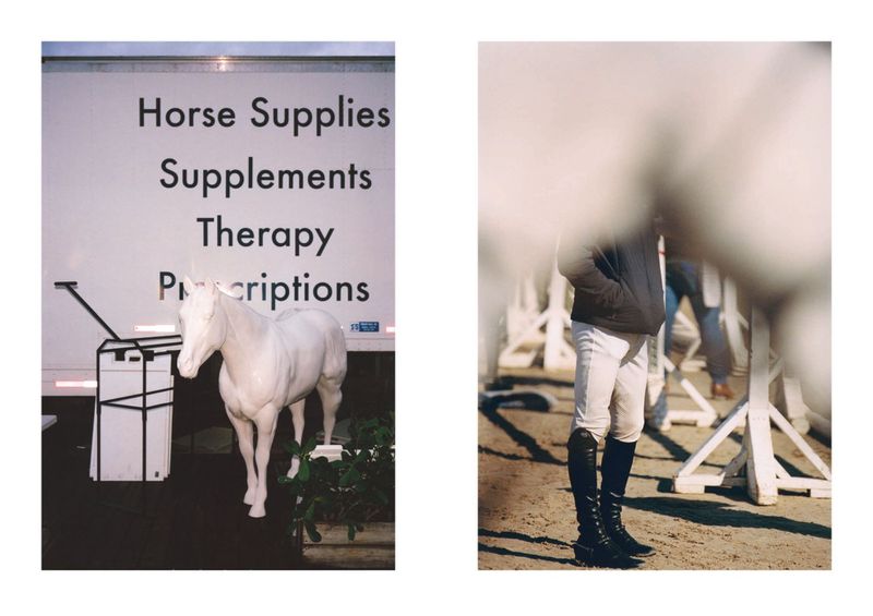 Two side-by-side photographic panels showing a white horse statue next to a supply truck and an equestrian rider standing outdoors.