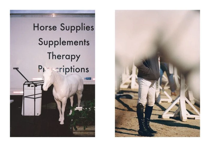 Two side-by-side photographic panels showing a white horse statue next to a supply truck and an equestrian rider standing outdoors.
