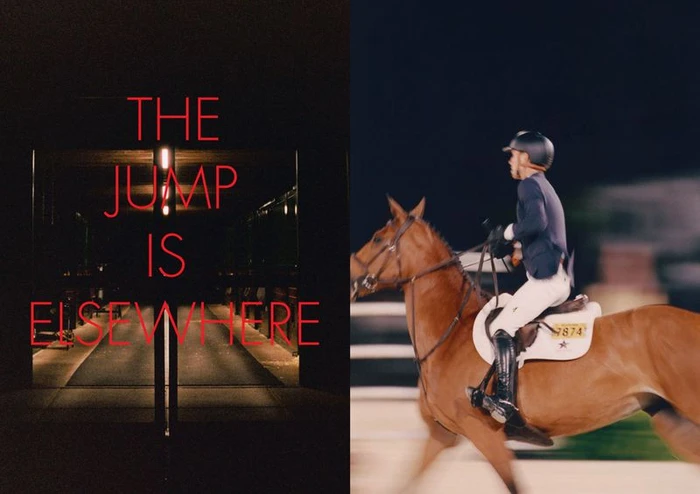 Equestrian rider on a brown horse at night with red text overlay reading the jump is elsewhere on the left side