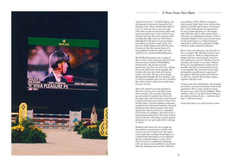 Editorial magazine spread featuring an equestrian image on the left and a note by Alex Matz on the right