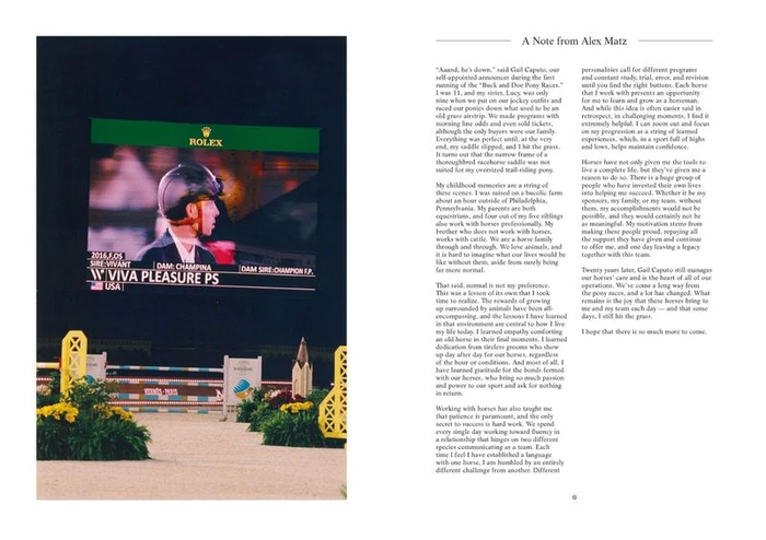 Editorial magazine spread featuring an equestrian image on the left and a note by Alex Matz on the right