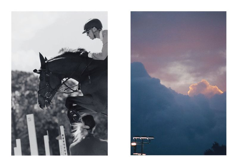 Equestrian jumper clearing a fence in a black-and-white photo paired with a moody dusk sky panel by Jeremy Everett for Study Magazine