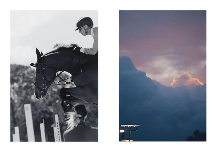Equestrian jumper clearing a fence in a black-and-white photo paired with a moody dusk sky panel by Jeremy Everett for Study Magazine