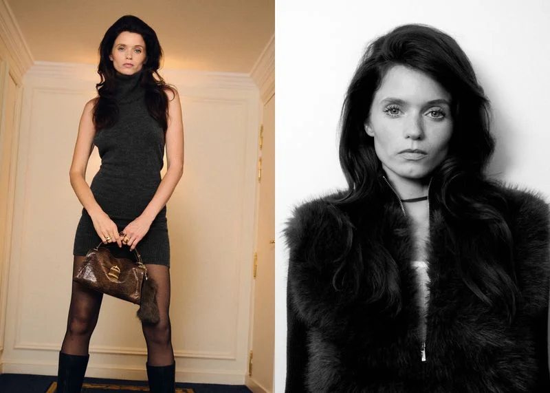 Model Abbey Lee wearing a dark knit dress and boots holding a handbag in a hotel interior for Mango Fall 26