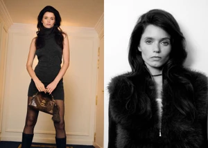 Model Abbey Lee wearing a dark knit dress and boots holding a handbag in a hotel interior for Mango Fall 26