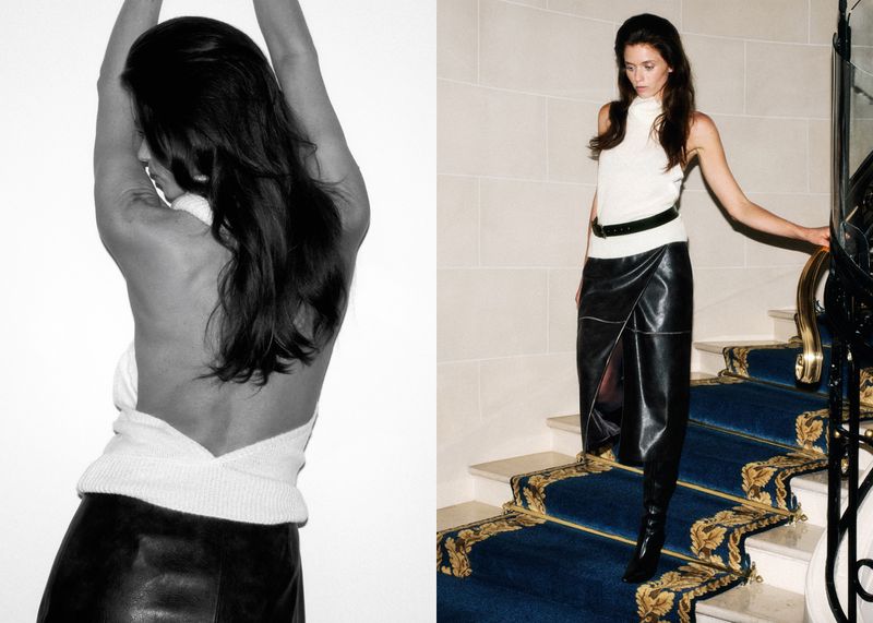 Abbey Lee posing in a white sleeveless top and black leather skirt on stairs for Mango Fall campaign