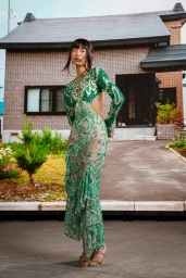 Model wearing a green and white patterned dress standing outdoors in front of a residential house.