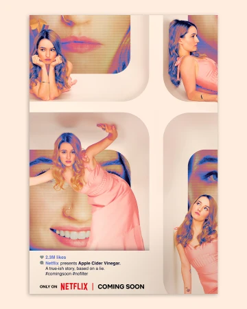 Movie poster featuring a young woman in a pink dress, presented in a grid layout with social media-style text overlay, promoting the Netflix film.