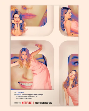 Key art for Netflix Apple Cider Vinegar featuring a woman in a pink dress against a white background with multiple framed photo insets