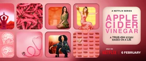 Key art collage for Netflix series Apple Cider Vinegar featuring pink tones, red chillies, medical pills, and actors.