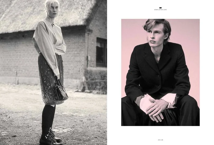 Diptych layout featuring a female model standing outdoors on the left and a seated male model against a pale background on the right.