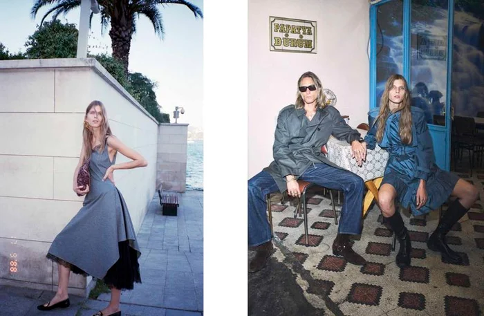 Editorial diptych featuring models in contemporary clothing posed against an outdoor waterfront wall and inside a storefront cafe.