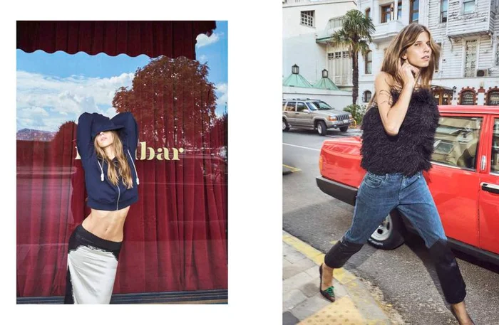 Diptyque fashion editorial featuring model Karen Waage in blue hoodie and skirt, and standing near a red car on a street