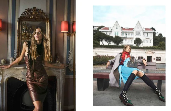 Model Karen Waage in Numéro Istanbul editorial featuring a brown dress indoors and a blue dress outdoors by Emre Dogru