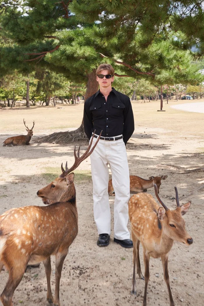 Male model in black shirt and white trousers standing outdoors among several deer in a park setting.