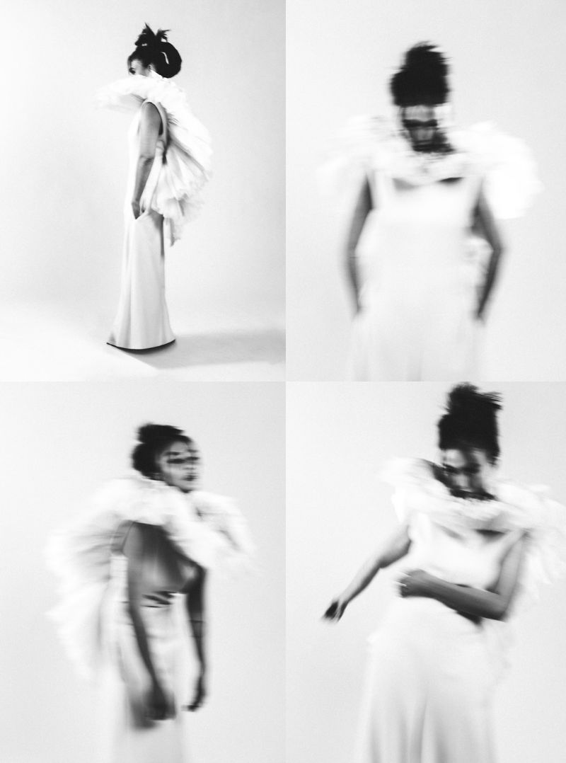 Four-panel black and white portrait of a woman in a white ruffled dress against a plain background