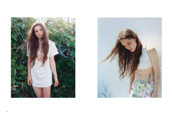 Diptyque spread featuring a young woman with long brown hair standing before lush green foliage and a white wall.