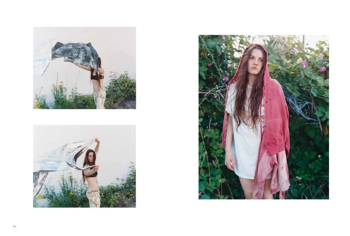 Editorial layout featuring a woman in a red hoodie standing among foliage and two smaller shots holding a foil sheet