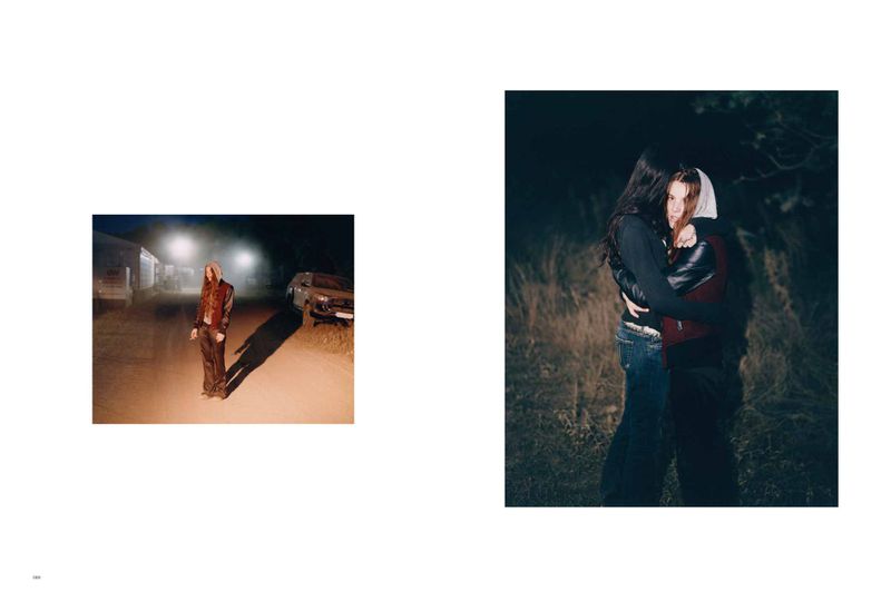 Editorial double-page spread featuring two night-time photographs by Senta Simond for More or Less Magazine.