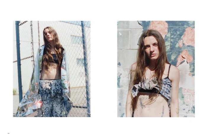 Two side-by-side fashion portraits of a woman with long dark hair wearing a patterned top and trousers near a chain-link fence.