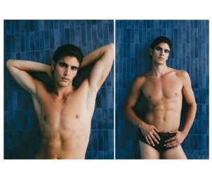 Diptypt fashion portrait of a male model with blue eye makeup posing against a glossy blue tiled wall for GQ Portugal Entre Formas