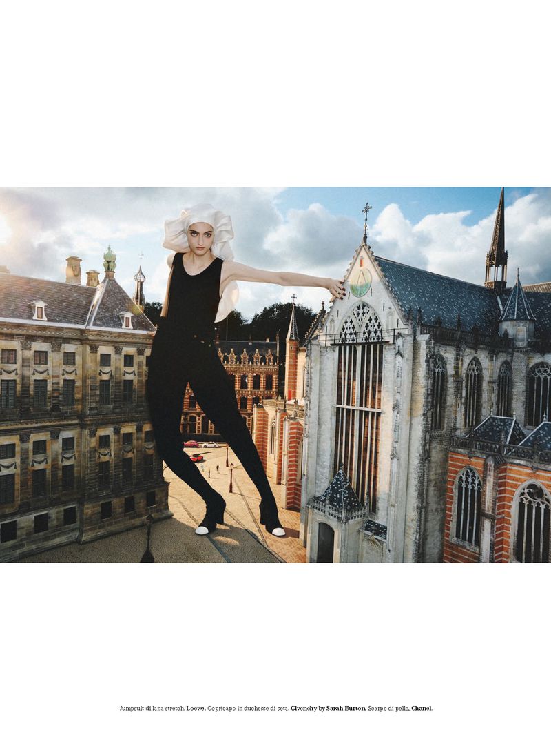 Model Frauke Nijs posed among miniature cathedral architecture for D Repubblica