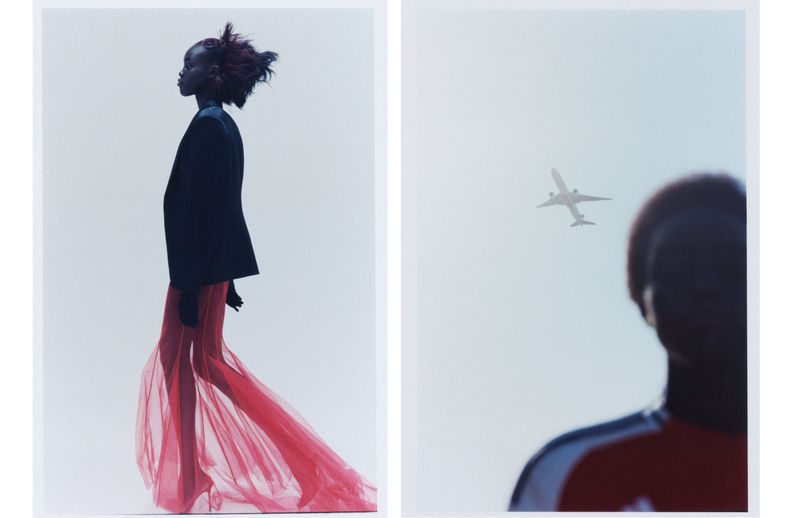 Fashion editorial diptych: A slender Black woman in stylish black blazer, sheer dress; distant airliner against a pastel sky.