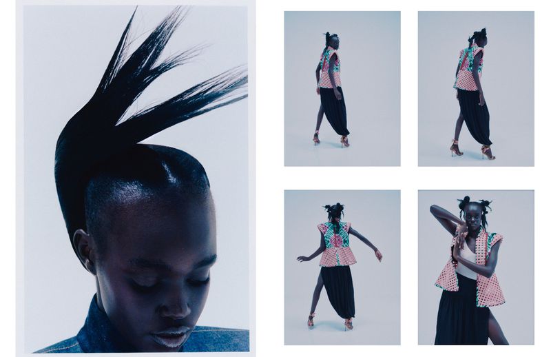 Fashion editorial shot of a black model with unique updo hairstyle and patterned vest posing in a photo studio setting, high-fashion look.