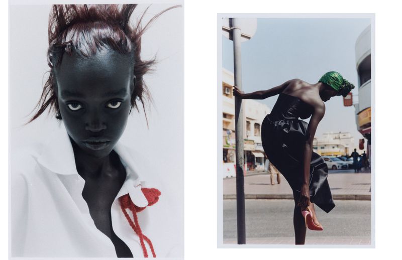 Fashion editorial split shot: close-up portrait of a dark-skinned woman in a white shirt, and a woman by a pole adjusting a shoe.