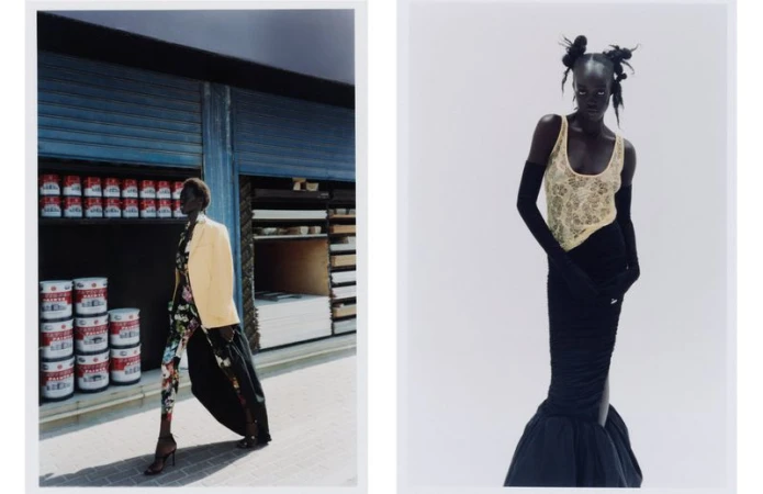 Two fashion shots of a woman in a dress and blazer in front of a store and against a white background.