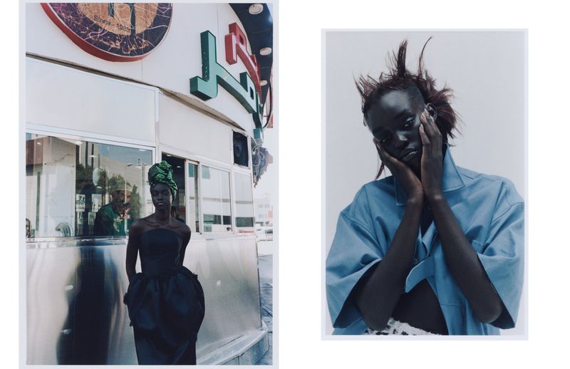 Fashion editorial featuring a dark-skinned woman in a black dress standing outside a white building and a studio portrait in a blue shirt.