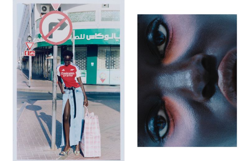 Woman in red jersey and denim skirt stands next to street sign with shopping bag, eye close-up with orange makeup in background.