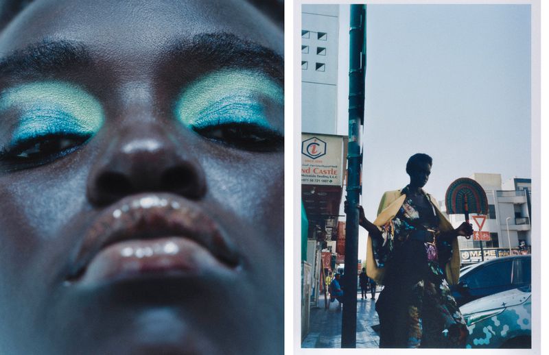 Split view: extreme close-up of Black woman's vibrant blue eye makeup alongside a city street scene with a Black individual.