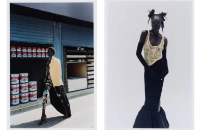 Two-panel fashion editorial featuring a model walking by a blue industrial storefront and posing against a clean white backdrop.