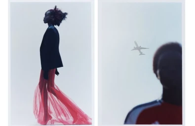 Diptych fashion editorial featuring a model in a dark jacket and sheer red skirt against an open sky, captured by Lesha Lich for Schön Magazine.
