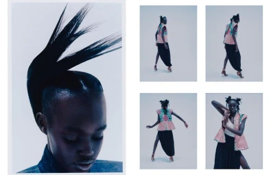 Model with sculpted black hairstyle wearing patterned vest and black skirt against light background for Schon Magazine