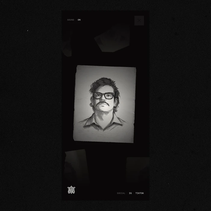 Pencil portrait illustration of a man with glasses and mustache centered against a dark interface.