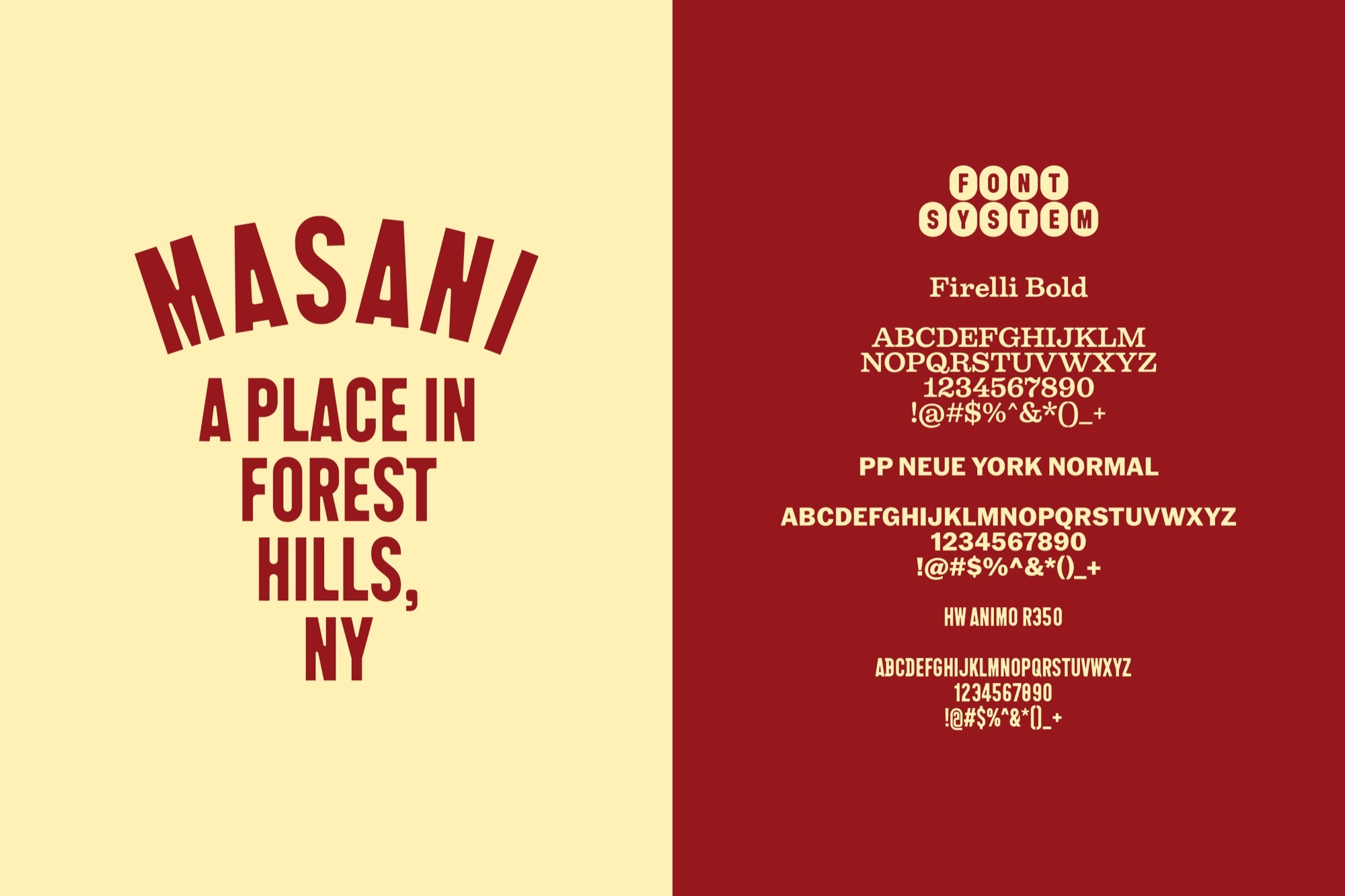 Brand identity guide for Masani Pizza featuring typography specimens on split cream and red background