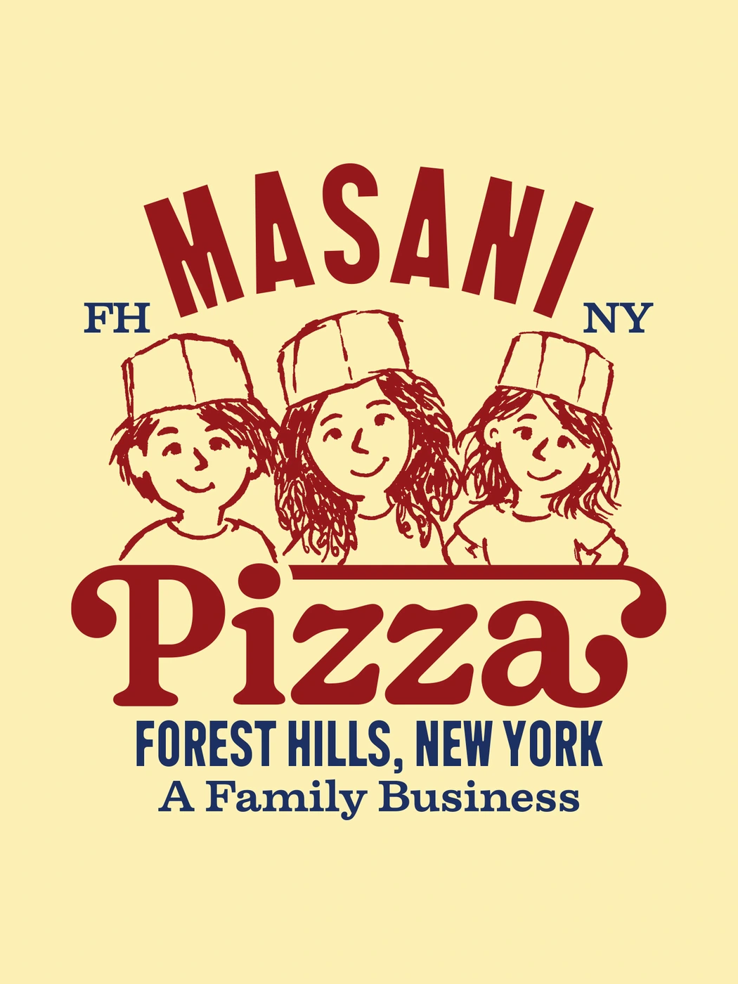 Illustrated vintage-style brand logo featuring three people wearing hats and the text Masani Pizza Forest Hills New York