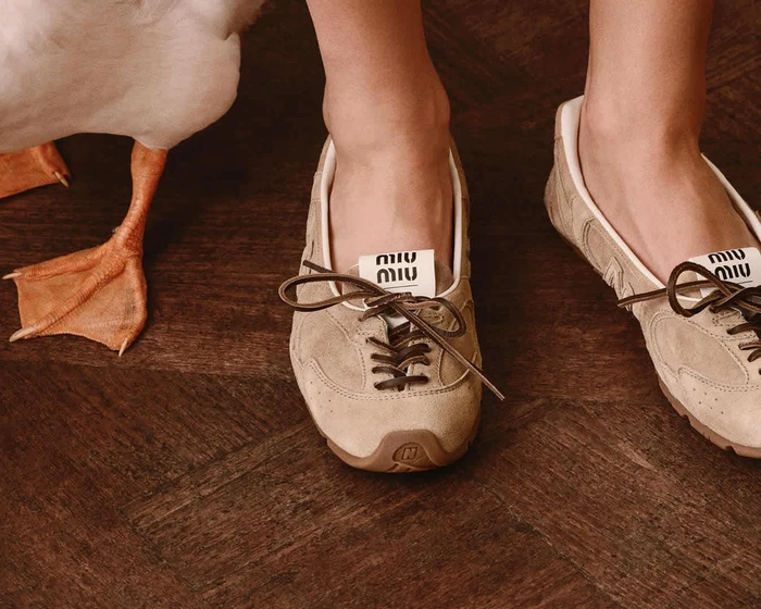 Close-up of a person wearing beige suede sneakers standing on a dark wooden parquet floor next to a goose.