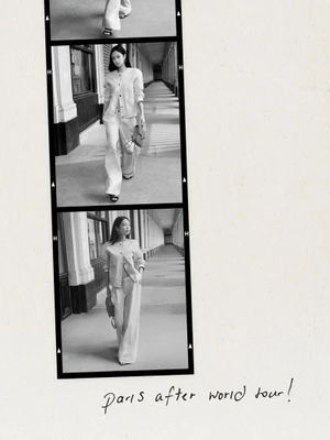 Black and white film strip layout featuring Jennie walking in an arched arcade wearing a matching Chanel jacket and trousers.