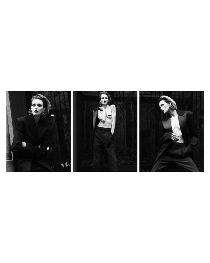 Triptych of black and white fashion photographs featuring model Anja Rubik wearing a dark blazer and trousers
