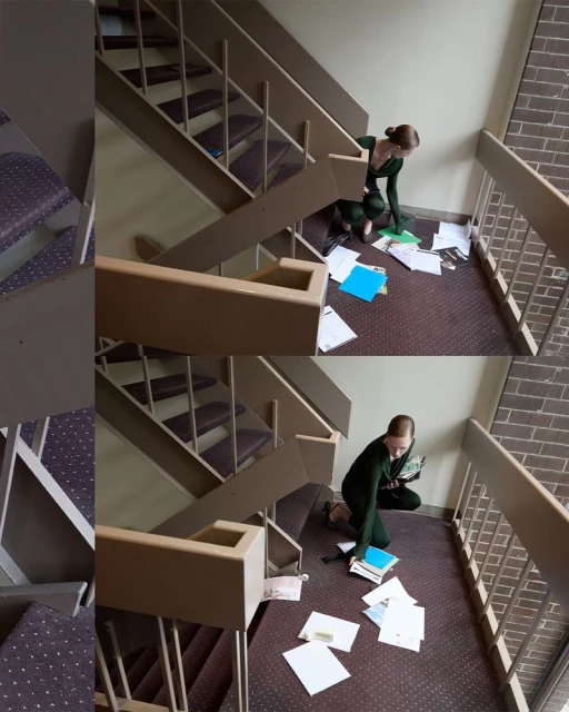 Woman in a green jumpsuit crouches on a staircase with scattered papers, looking down at the papers.
