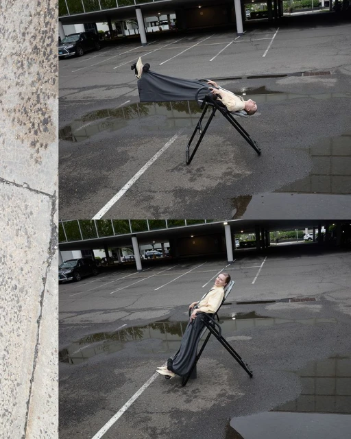 Man rests on an inversion table in a parking lot with puddles, showcasing a humorous juxtaposition of leisure and an urban environment.