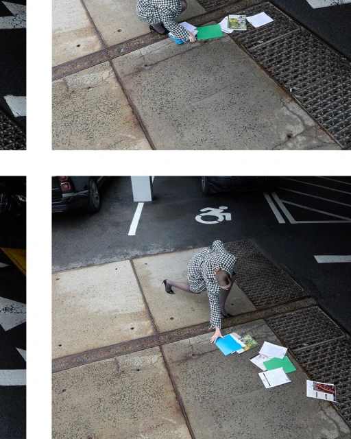 High-angle shot of a person picking up papers in a parking lot, wearing a houndstooth coat with a car visible in the background.