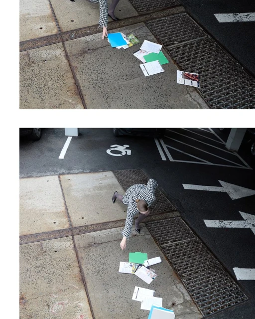 Overhead shot of person dropping papers on sidewalk near parking space, creating a sense of accidental mess in urban environment.